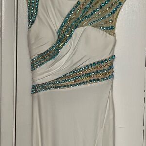 Rachel Allan White Dress with Blue and Gold Accents